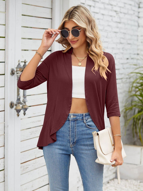 V-neck solid color cardigan coat ruffled top