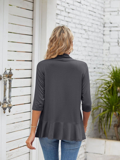 V-neck solid color cardigan coat ruffled top