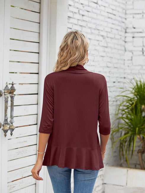 V-neck solid color cardigan coat ruffled top