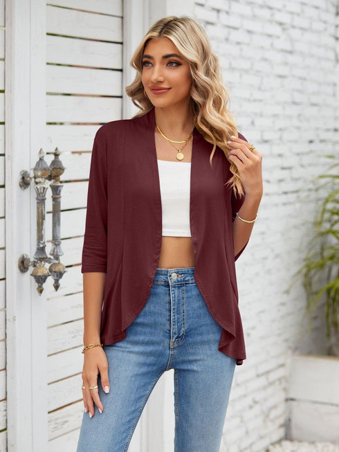 V-neck solid color cardigan coat ruffled top