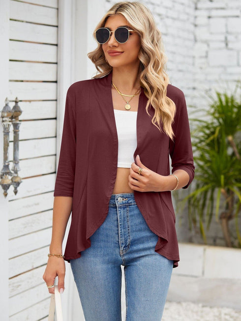 V-neck solid color cardigan coat ruffled top
