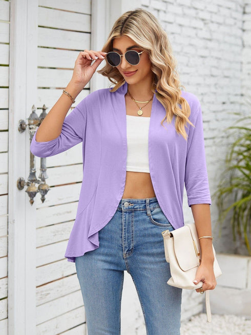 V-neck solid color cardigan coat ruffled top