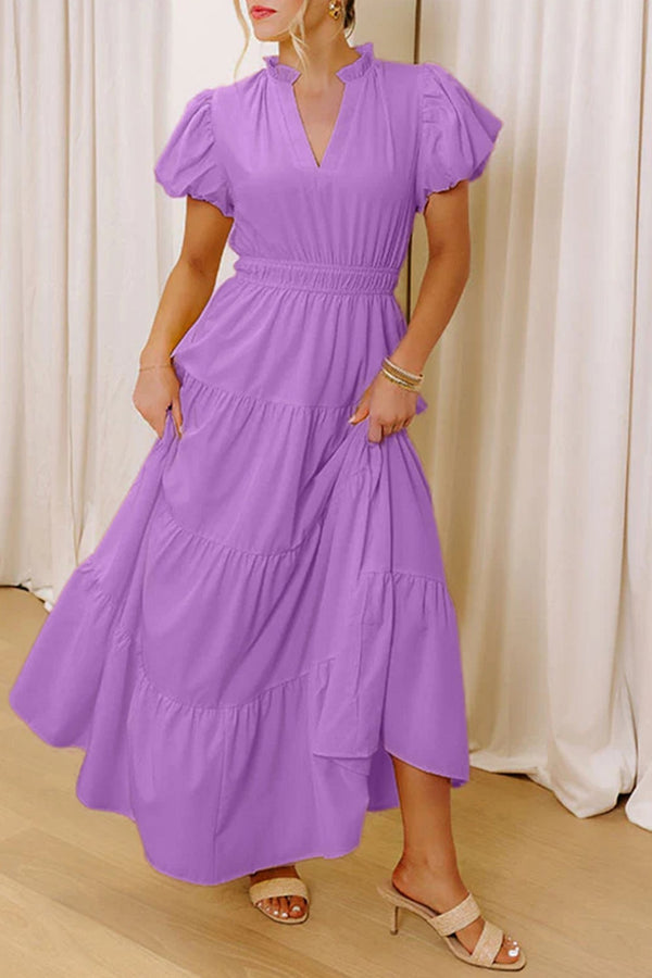 V-Neck Tiered Lavender Maxi Dress with Puff Sleeves with practical styling and dependable silhouette control.