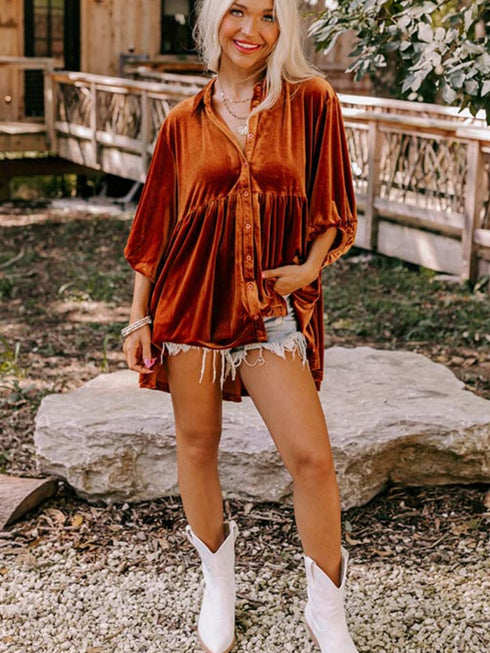 Velvet Babydoll Tunic Shirt with 3/4 Sleeves for Women