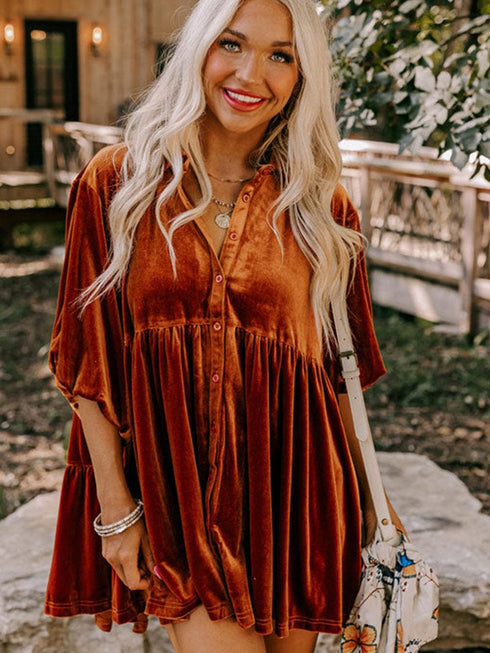 Velvet Babydoll Tunic Shirt with 3/4 Sleeves for Women