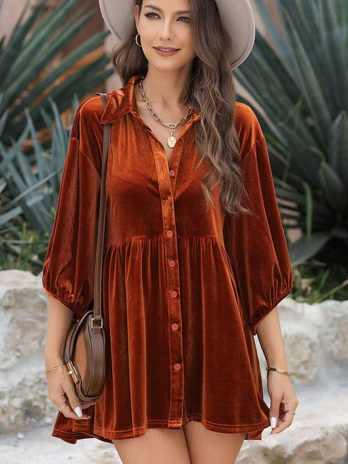 Velvet Babydoll Tunic Shirt with 3/4 Sleeves for Women