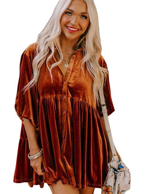 Velvet Babydoll Tunic Shirt with 3/4 Sleeves for Women