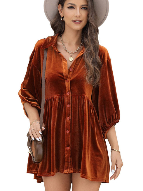 Velvet Babydoll Tunic Shirt with 3/4 Sleeves for Women