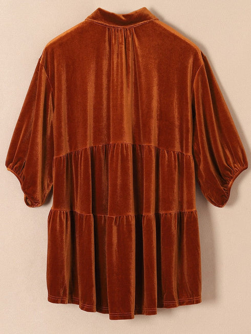 Velvet Babydoll Tunic Shirt with 3/4 Sleeves for Women