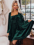 Velvet Green Square Neck Babydoll Dress with Tie Back