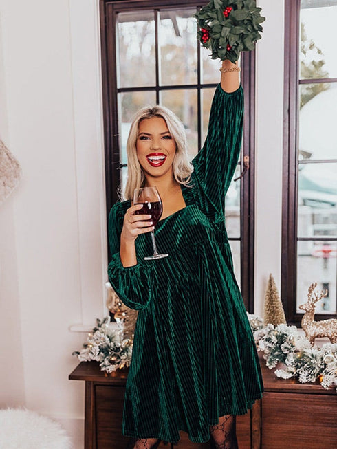 Velvet Green Square Neck Babydoll Dress with Tie Back