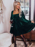 Velvet Green Square Neck Babydoll Dress with Tie Back