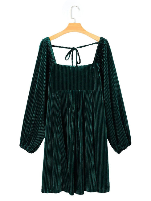 Velvet Green Square Neck Babydoll Dress with Tie Back