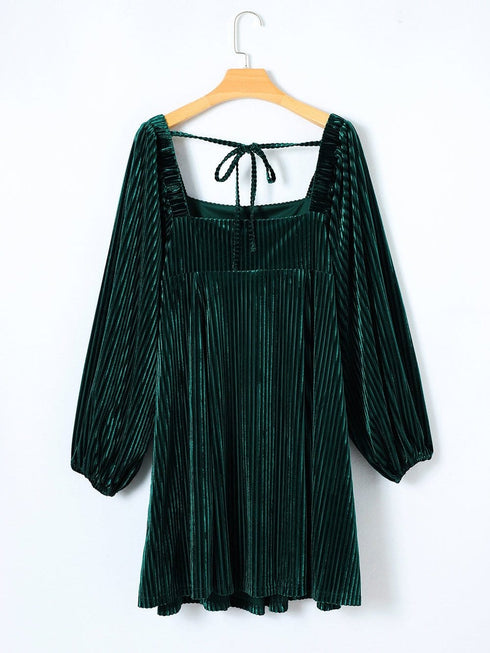 Velvet Green Square Neck Babydoll Dress with Tie Back