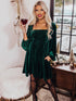Velvet Green Square Neck Babydoll Dress with Tie Back