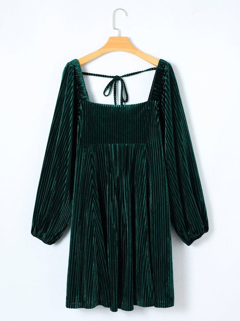 Velvet Green Square Neck Babydoll Dress with Tie Back