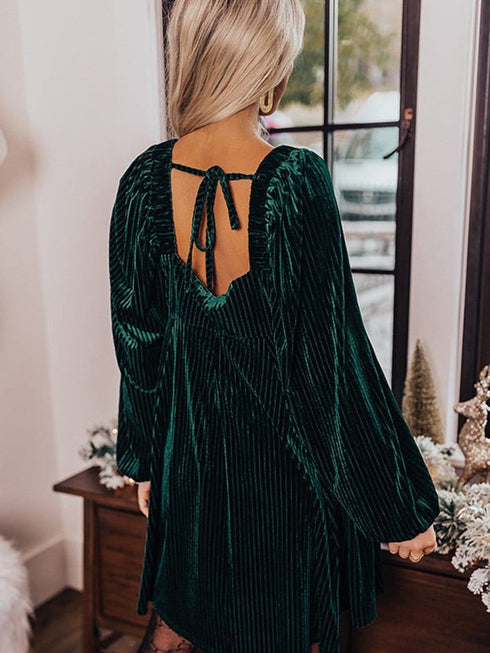 Velvet Green Square Neck Babydoll Dress with Tie Back