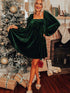Velvet Green Square Neck Babydoll Dress with Tie Back