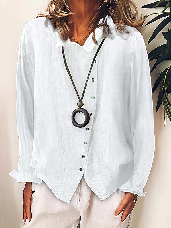 Versatile Solid Button-Up Long Sleeve Blouse