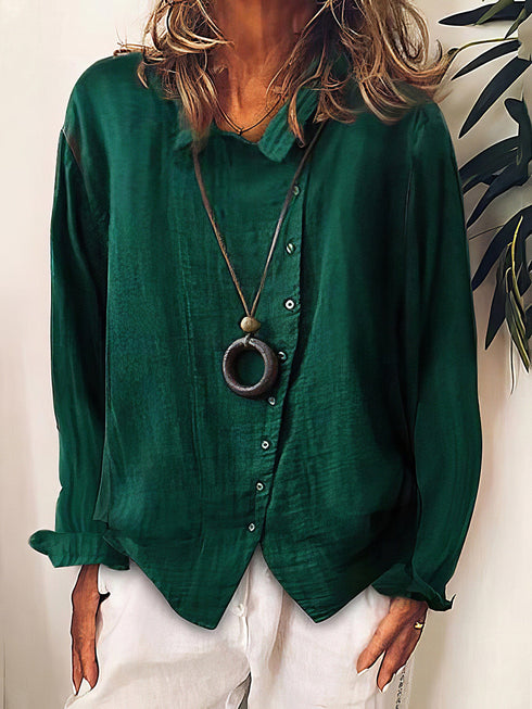 Versatile Solid Button-Up Long Sleeve Blouse