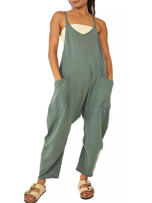 Versatile V Neck Solid Color Jumpsuit with Convenient Pockets