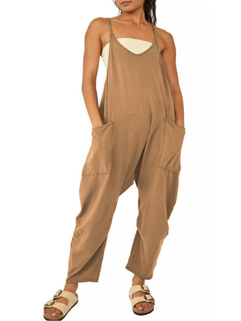 Versatile V Neck Solid Color Jumpsuit with Convenient Pockets