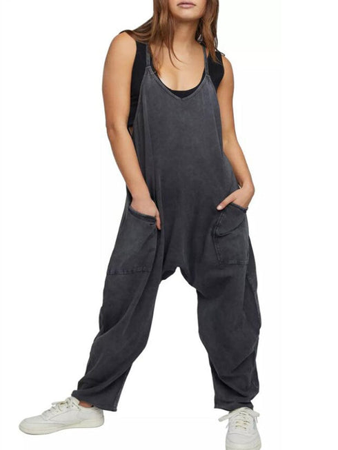 Versatile V Neck Solid Color Jumpsuit with Convenient Pockets