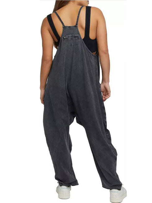 Versatile V Neck Solid Color Jumpsuit with Convenient Pockets