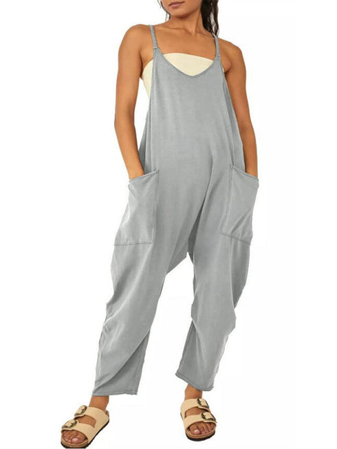 Versatile V Neck Solid Color Jumpsuit with Convenient Pockets