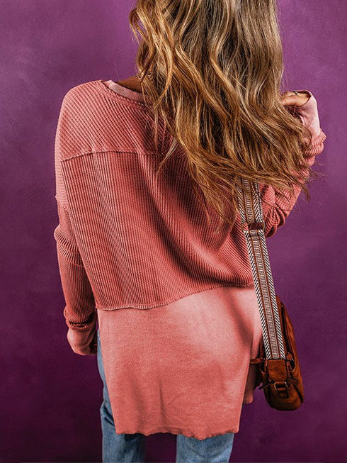 Versatile Waffle Texture V-Neck Pullover Sweatshirt for Women