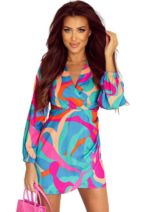 Vibrant Abstract Print V-Neck Puff Sleeve Mini Dress
