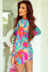 Vibrant Abstract Print V-Neck Puff Sleeve Mini Dress