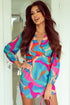Vibrant Abstract Print V-Neck Puff Sleeve Mini Dress