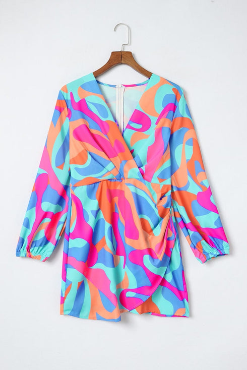 Vibrant Abstract Print V-Neck Puff Sleeve Mini Dress