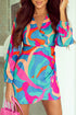 Vibrant Abstract Print V-Neck Puff Sleeve Mini Dress