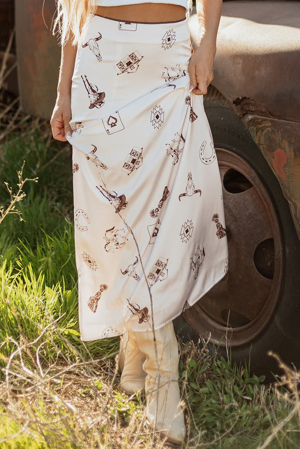 Women's Western Print High-Waist Satin Maxi Skirt in Cream