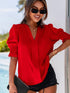 Vibrant Crimson V Neck Blouse with Puffy Sleeves