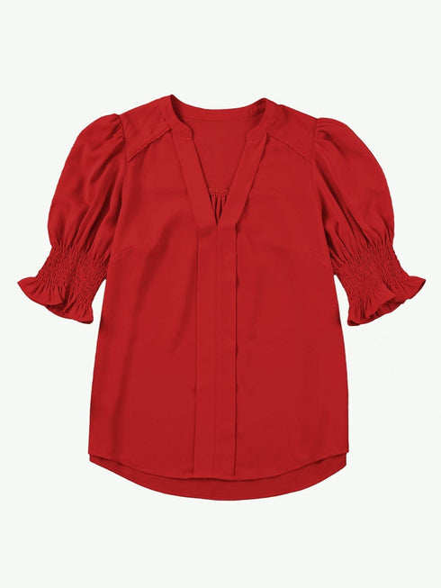 Vibrant Crimson V Neck Blouse with Puffy Sleeves