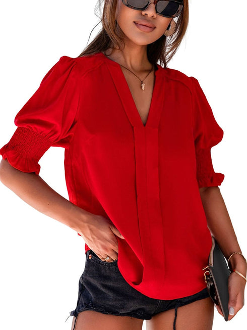 Vibrant Crimson V Neck Blouse with Puffy Sleeves