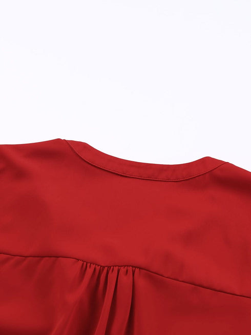 Vibrant Crimson V Neck Blouse with Puffy Sleeves
