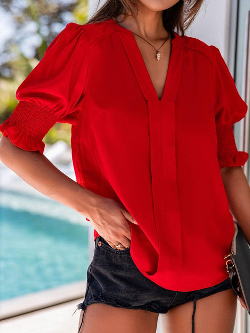 Vibrant Crimson V Neck Blouse with Puffy Sleeves