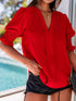 Vibrant Crimson V Neck Blouse with Puffy Sleeves
