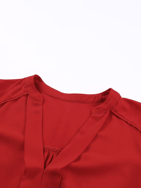 Vibrant Crimson V Neck Blouse with Puffy Sleeves
