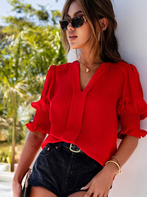 Vibrant Crimson V Neck Blouse with Puffy Sleeves