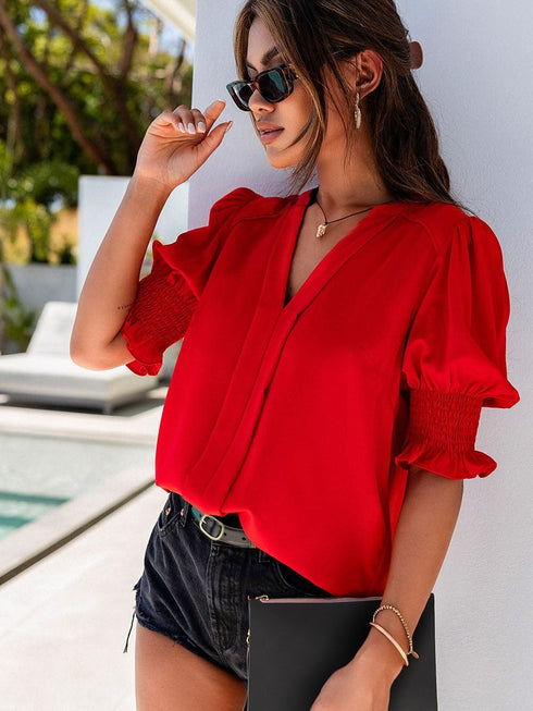 Vibrant Crimson V Neck Blouse with Puffy Sleeves