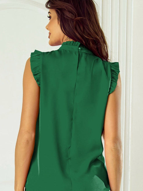 Vibrant Green Pleated Sleeveless Blouse with Frilled Mock Neck