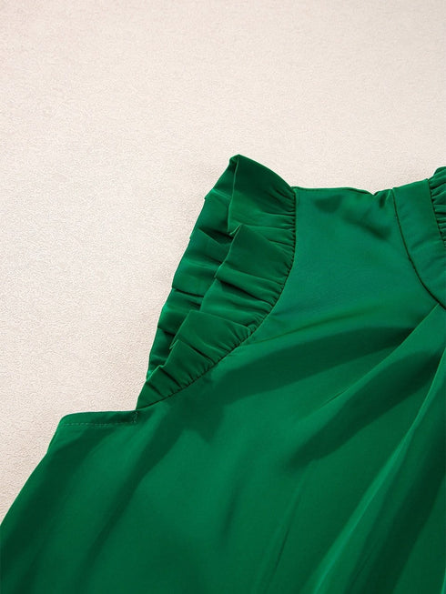 Vibrant Green Pleated Sleeveless Blouse with Frilled Mock Neck