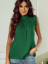 Vibrant Green Pleated Sleeveless Blouse with Frilled Mock Neck