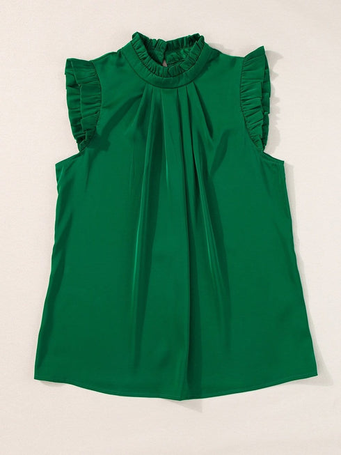 Vibrant Green Pleated Sleeveless Blouse with Frilled Mock Neck