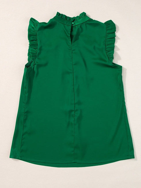 Vibrant Green Pleated Sleeveless Blouse with Frilled Mock Neck